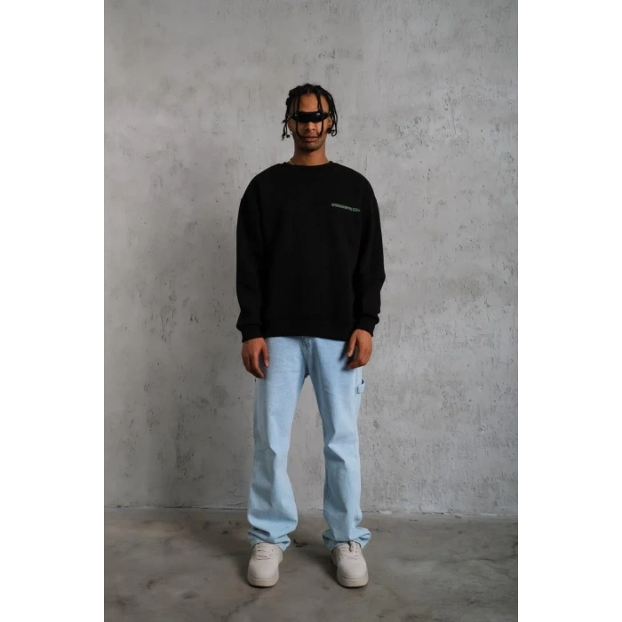 Erkek Oversize Sweatshirt Ön ve Sırt Baskılı 3 İplik Pamuklu - Siyah