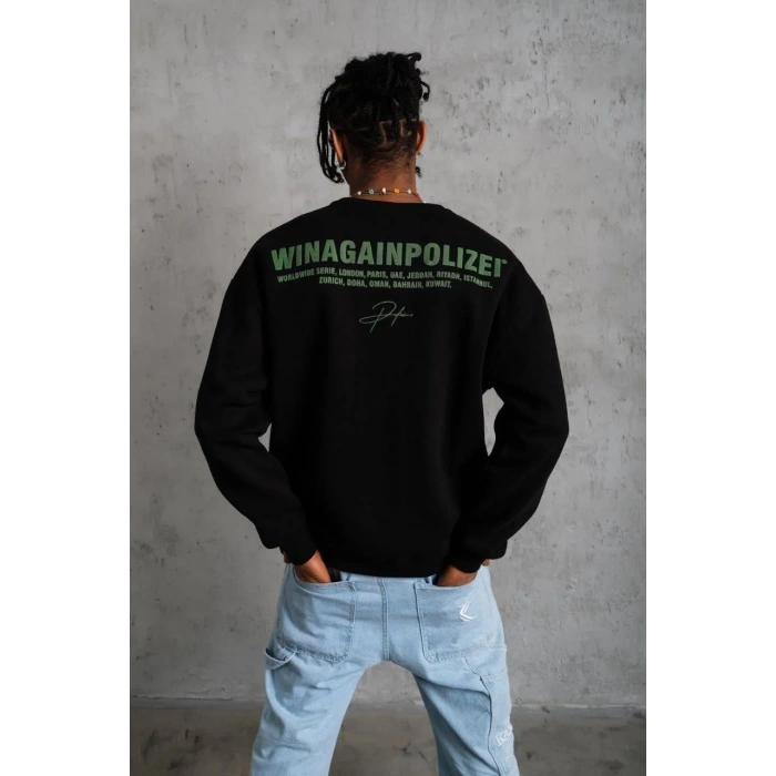 Erkek Oversize Sweatshirt Ön ve Sırt Baskılı 3 İplik Pamuklu - Siyah