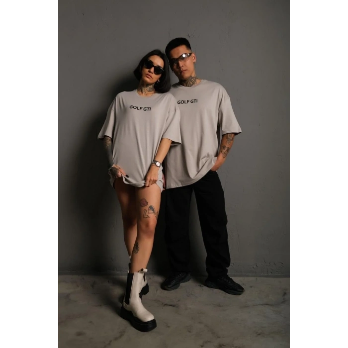 Erkek Oversize Tişört Golf GTI Retro Araba Baskılı T-shirt - Gri