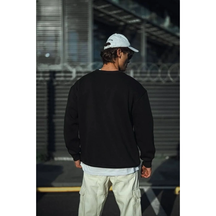 Erkek pamuklu Bisiklet Yaka 3 İplik Basic SweatShirt - Siyah