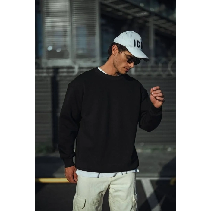 Erkek pamuklu Bisiklet Yaka 3 İplik Basic SweatShirt - Siyah