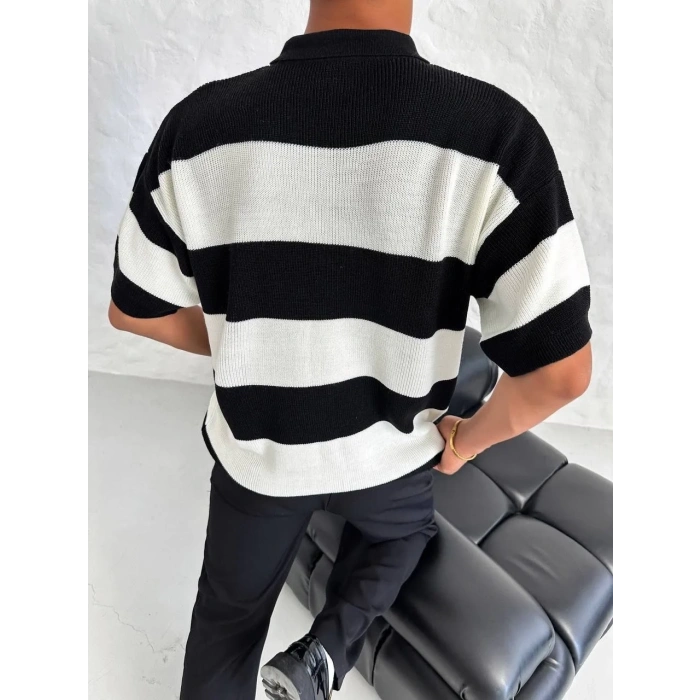 Erkek Polo Yaka Düğmeli Triko T-Shirt - Siyah