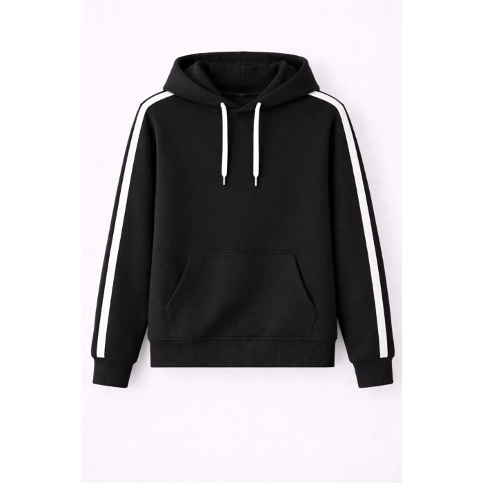 Erkek Şeritli Kapüşonlu Sweatshirt Oversize 3 iplik Pamuklu Hoodei - Siyah