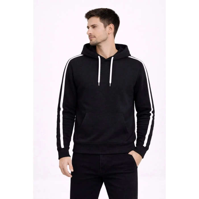 Erkek Şeritli Kapüşonlu Sweatshirt Oversize 3 iplik Pamuklu Hoodei - Siyah