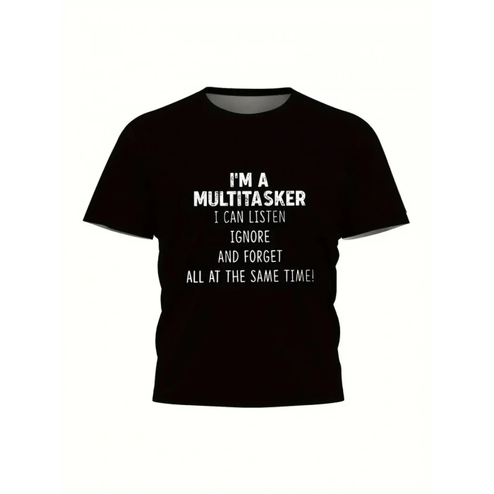 Erkek T-shirt Komik Multitasker Baskılı Kısa kol Tişört - Siyah