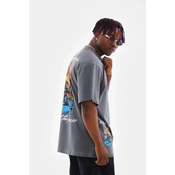 Erkek Tişort  Bisiklet Yaka Baskılı Oversize T-Shirt - Gri