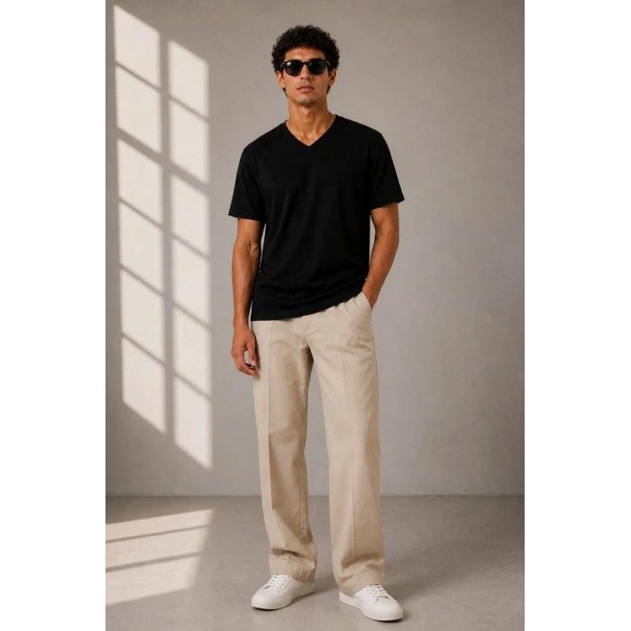 Erkek V Yaka Basic Tişört Kısa Kol Yazlık Regular Fit T-Shirt - Siyah