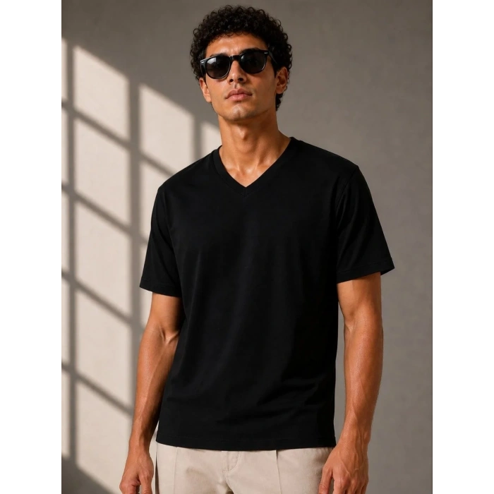 Erkek V Yaka Basic Tişört Kısa Kol Yazlık Regular Fit T-Shirt - Siyah