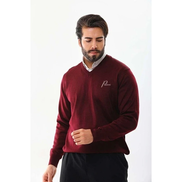 Erkek V Yaka Kazak Baskılı Dokuma Triko - Bordo
