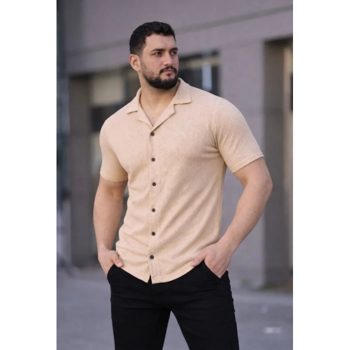 Erkek Waffle Dokuma Kumaş Açık Yakalı Düğmeli Gömlek 2’li Set Haki-Bej