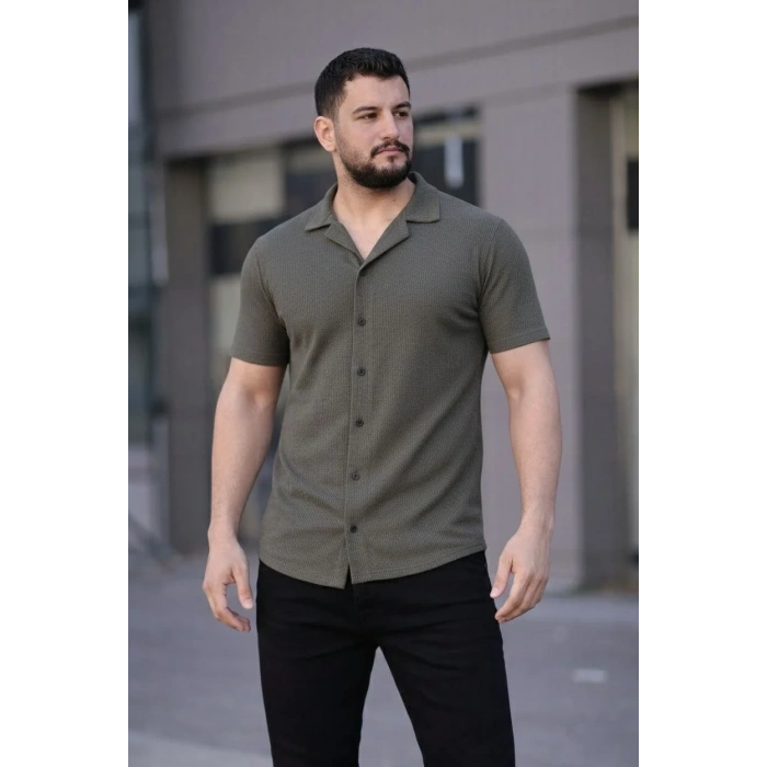 Erkek Waffle Dokuma Kumaş Açık Yakalı Düğmeli Gömlek 2’li Set Haki-Bej