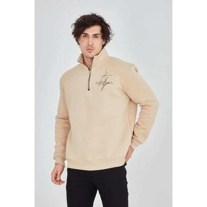 Erkek Yarım Fermuarlı Baskılı 3 iplik pamuklu sweatshirt - Bej