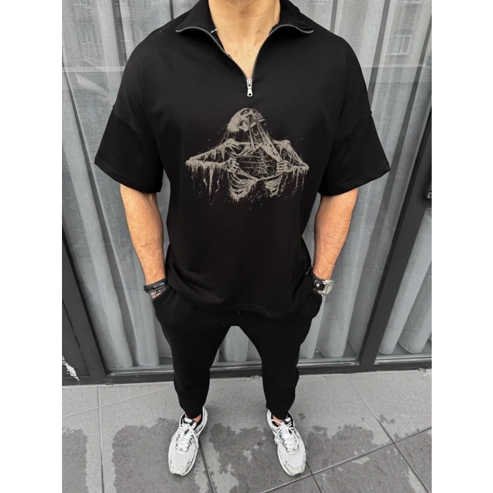 Erkek Yarım Fermuarlı Baskılı Oversize T-Shirt - Siyah