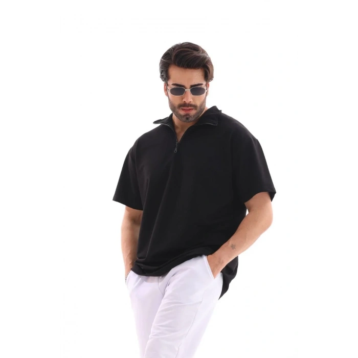 Erkek Yarım Fermuarlı Düz Oversize T-shirt - Siyah