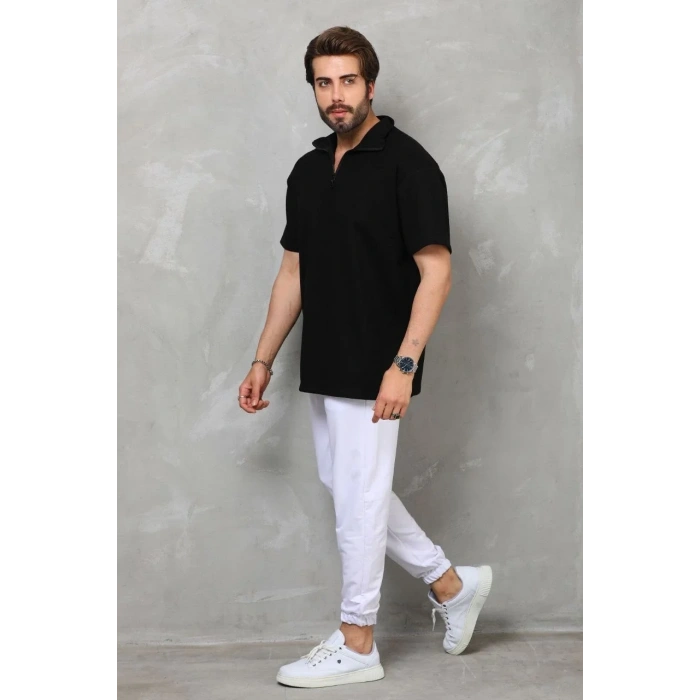 Erkek Yarım Fermuarlı Düz Oversize T-shirt - Siyah