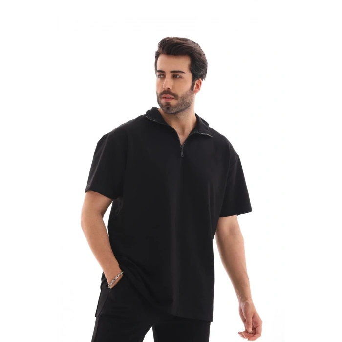 Erkek Yarım Fermuarlı Düz Oversize T-shirt - Siyah