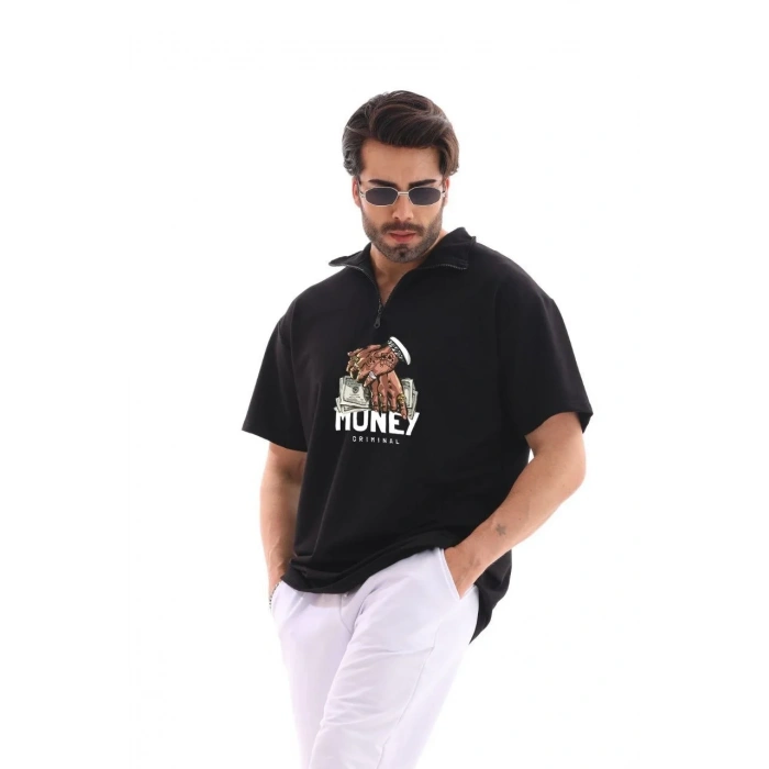 Erkek Yarım Fermuarlı Oversize Baskılı T-Shirt - Siyah