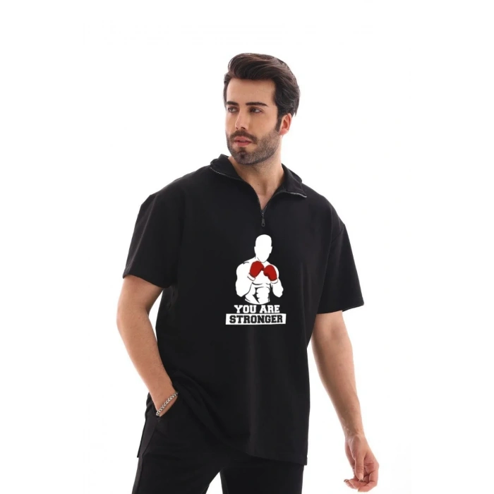 Erkek Yarım Fermuarlı Oversize Baskılı T-Shirt - Siyah