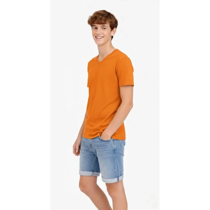 Genç Erkek Çocuk V Yaka Tişört Model - Turuncu