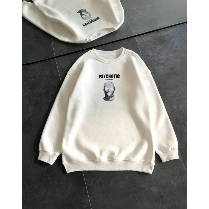 Kadın 3 iplik Kışlık Bisiklet Yaka Baskılı SweatShirt - Beyaz