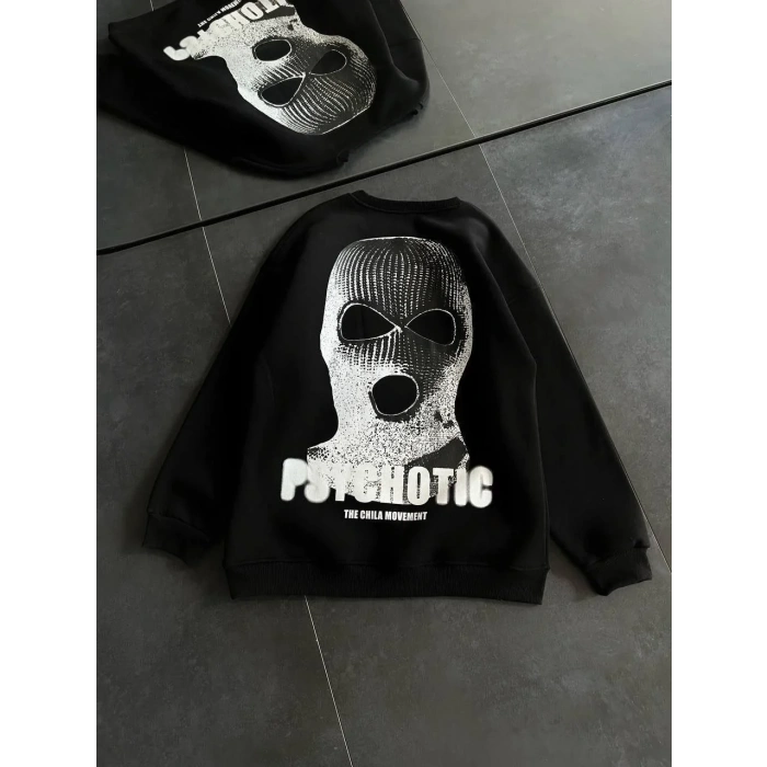Kadın 3 iplik Kışlık Bisiklet Yaka Baskılı SweatShirt - Siyah