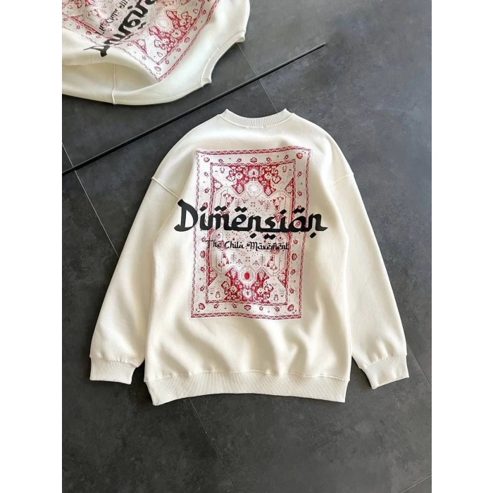 Kadın 3 İplik Pamuklu Bisiklet Yaka Baskılı SweatShirt - Beyaz