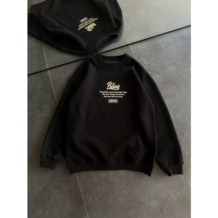 Kadın 3 iplik Pamuklu Bisiklet Yaka Baskılı SweatShirt - Siyah