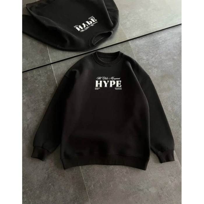 Kadın 3 İplik Pamuklu Bisiklet Yaka Baskılı SweatShirt - Siyah
