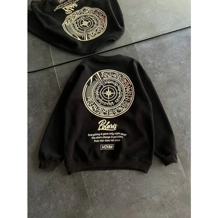 Kadın 3 iplik Pamuklu Bisiklet Yaka Baskılı SweatShirt - Siyah