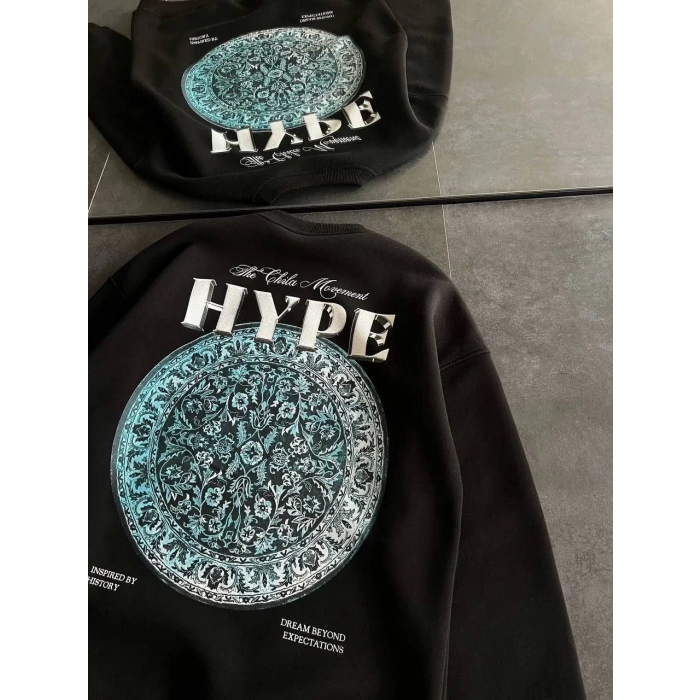 Kadın 3 İplik Pamuklu Bisiklet Yaka Baskılı SweatShirt - Siyah