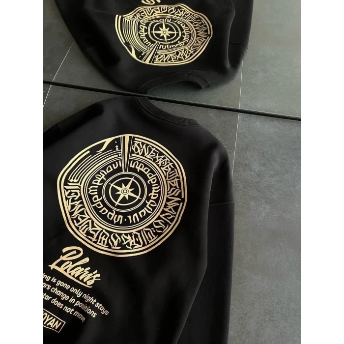 Kadın 3 iplik Pamuklu Bisiklet Yaka Baskılı SweatShirt - Siyah