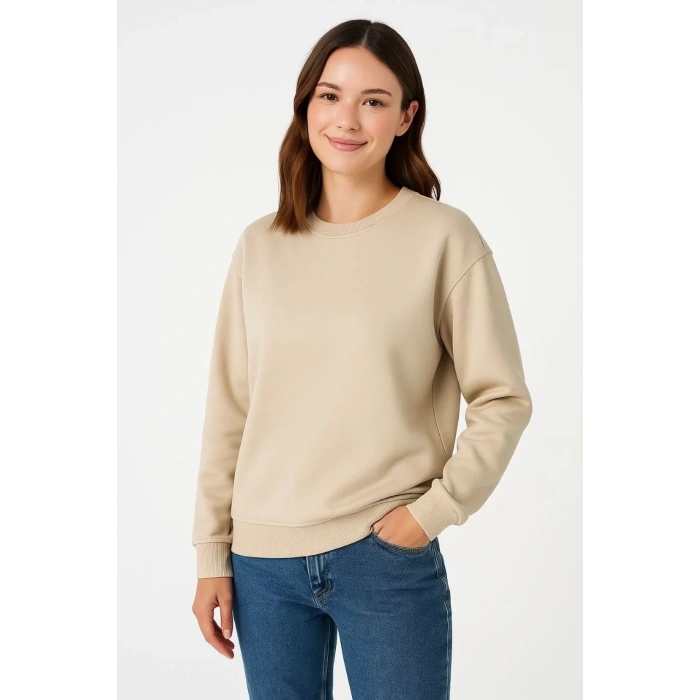 Kadın 3 İplik Pamuklu Düz Bisiklet Yaka SweatShirt - Bej