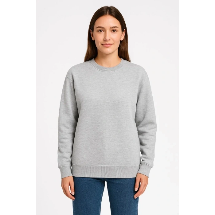Kadın 3 İplik Pamuklu Düz Bisiklet Yaka SweatShirt - Gri