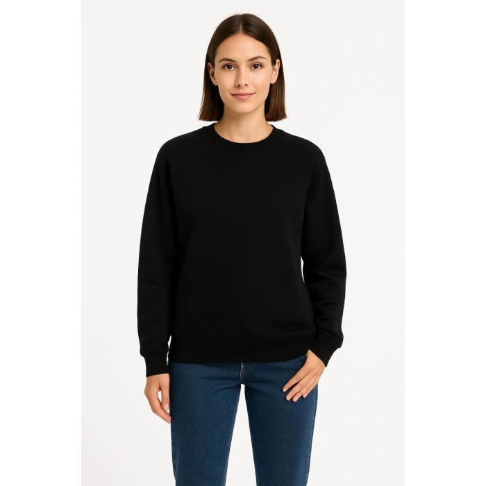 Kadın 3 İplik Pamuklu Düz Bisiklet Yaka SweatShirt - Siyah