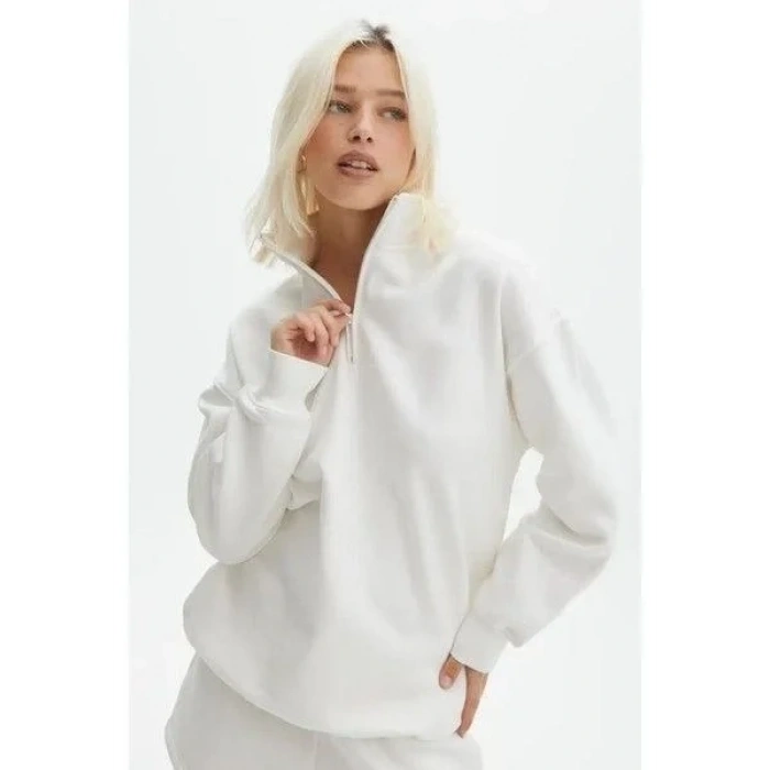 Kadın 3 İplik Pamuklu Oversize Yarım Fermuarlı Yakalı Basic Sweatshirt - Beyaz