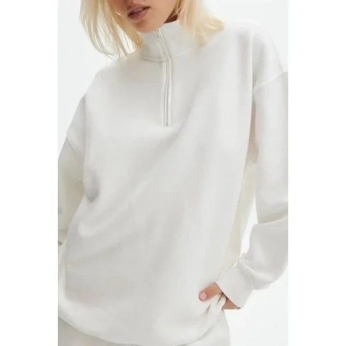 Kadın 3 İplik Pamuklu Oversize Yarım Fermuarlı Yakalı Basic Sweatshirt - Beyaz