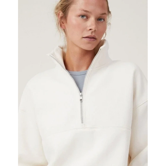 Kadın 3 İplik Pamuklu Oversize Yarım Fermuarlı Yakalı Basic Sweatshirt - Beyaz