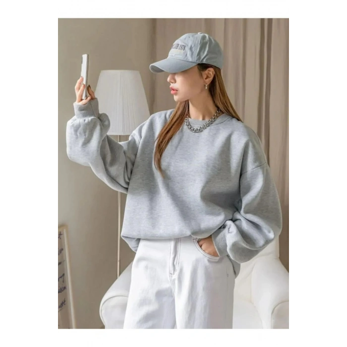 Kadın 3 İplik Pamuklu Oversize Yarım Fermuarlı Yakalı Basic Sweatshirt - Gri