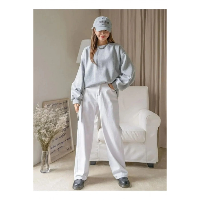 Kadın 3 İplik Pamuklu Oversize Yarım Fermuarlı Yakalı Basic Sweatshirt - Gri