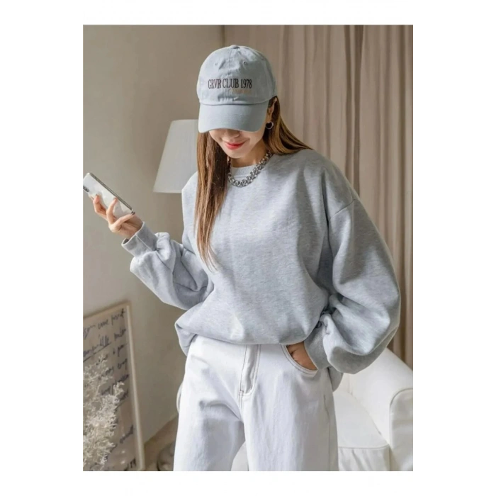 Kadın 3 İplik Pamuklu Oversize Yarım Fermuarlı Yakalı Basic Sweatshirt - Gri