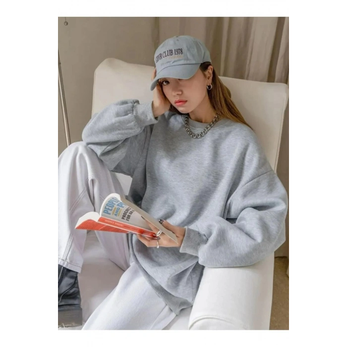 Kadın 3 İplik Pamuklu Oversize Yarım Fermuarlı Yakalı Basic Sweatshirt - Gri