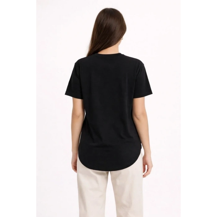 Kadın Basic T-Shirt Kısa Kol Bisiklet Yaka Oval Kesim Tişört - Siyah