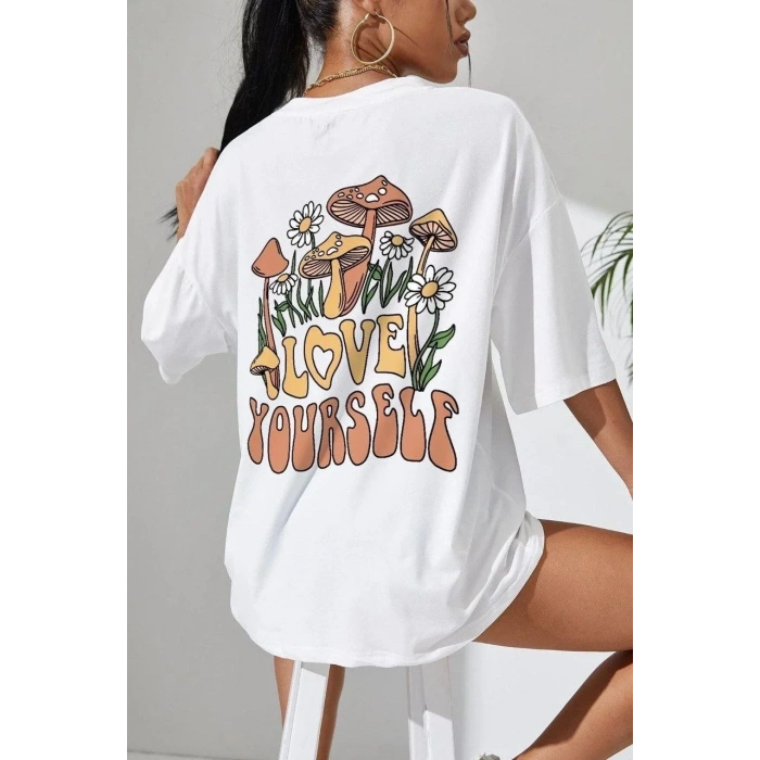 Kadın Baskılı Oversize kısa kol T-Shirt - Beyaz