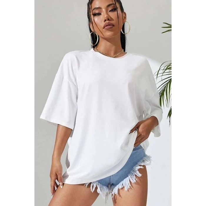 Kadın Baskılı Oversize kısa kol T-Shirt - Beyaz