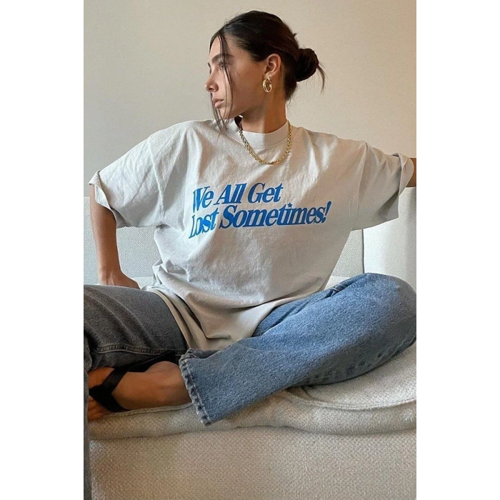 Kadın Baskılı Oversize kısa kol T-Shirt - Beyaz