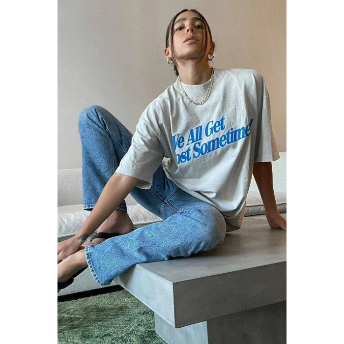 Kadın Baskılı Oversize kısa kol T-Shirt - Beyaz