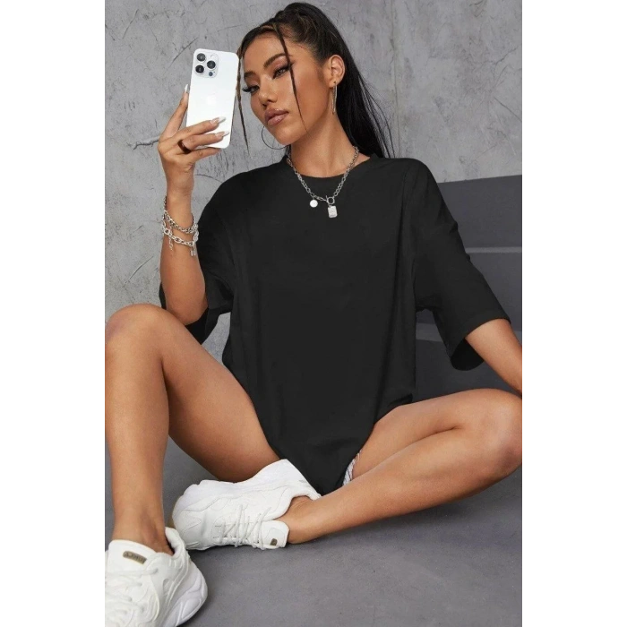 Kadın Baskılı Oversize kısa kol T-Shirt - Siyah