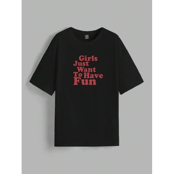 Kadın Baskılı Oversize Kısa kol T-shirt - Siyah