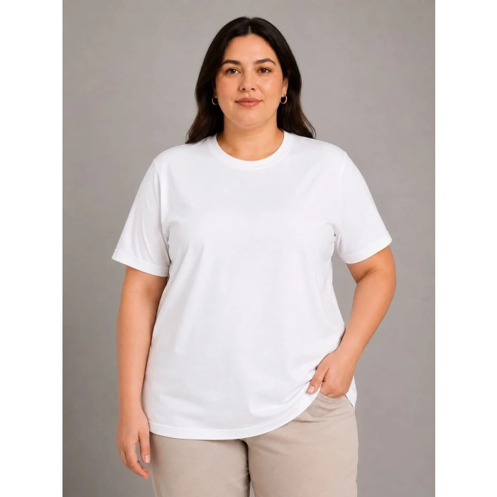 Kadın Battal Big Size Basic Tişört Bisiklet Yaka Rahat Kalıp T-Shirt - Beyaz