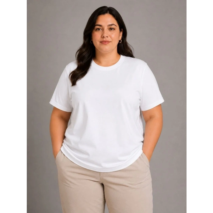 Kadın Battal Big Size Basic Tişört Bisiklet Yaka Rahat Kalıp T-Shirt - Beyaz